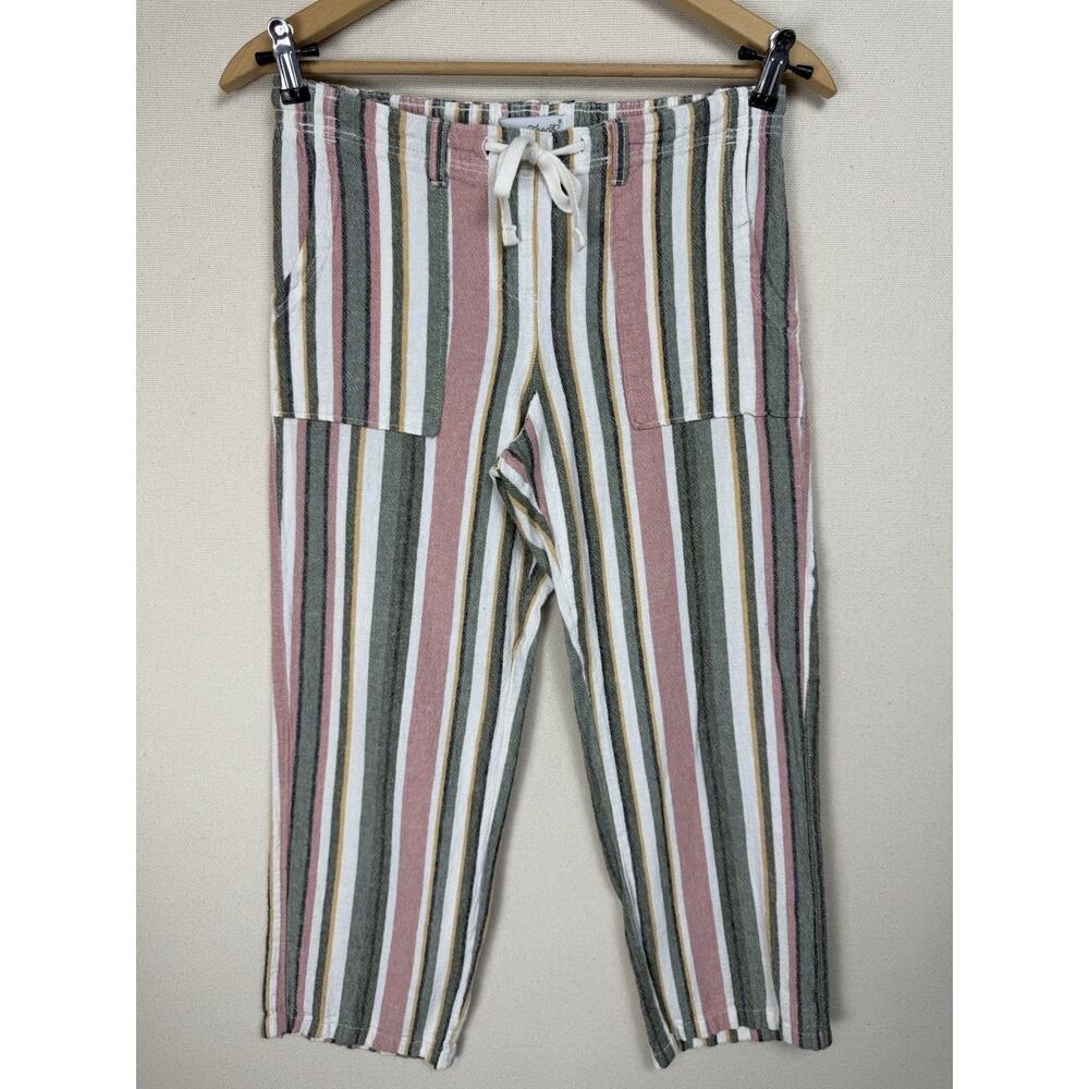 Keren‎ Hart Women’s Crop Pants Sz S Linen Blend Elastic Drawstring Waist Striped